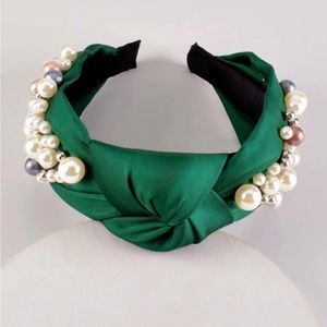 New ✨ Luxe Emerald Green Faux Pearl Beaded Boutique Statement Headband